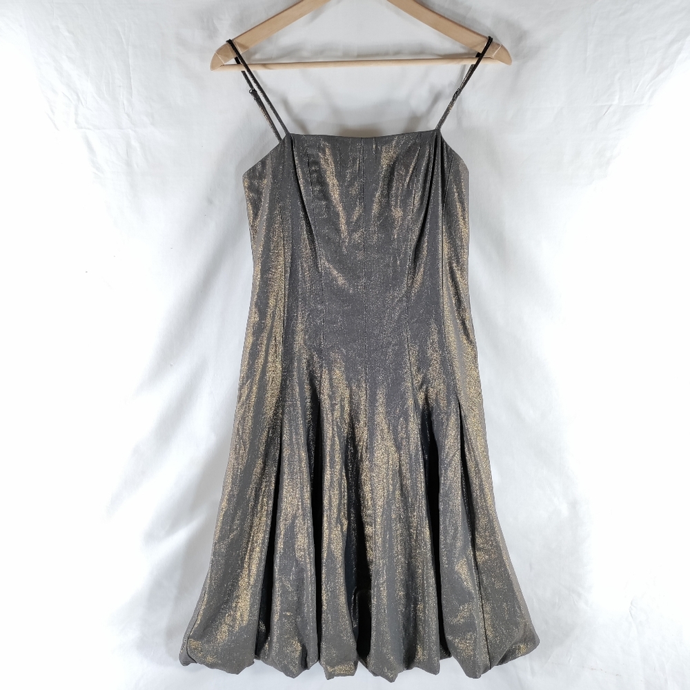 BCBG Maxazria Formal 55% Linen Dress Sz 4 Brown W Bronze Shimmer Balloon Skirt